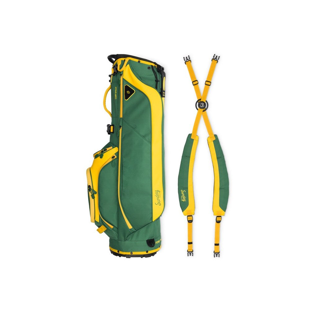 Green and yellow golf bag with strap on a white background