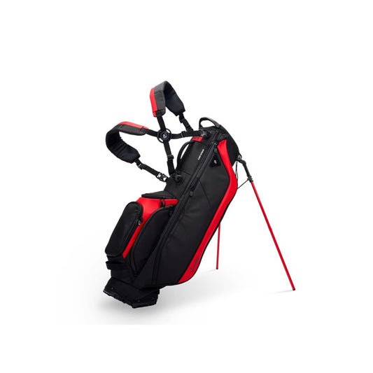 Black and red golf bag with a golf club on a white background