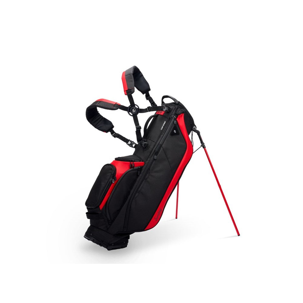 Black and red golf bag with a golf club on a white background