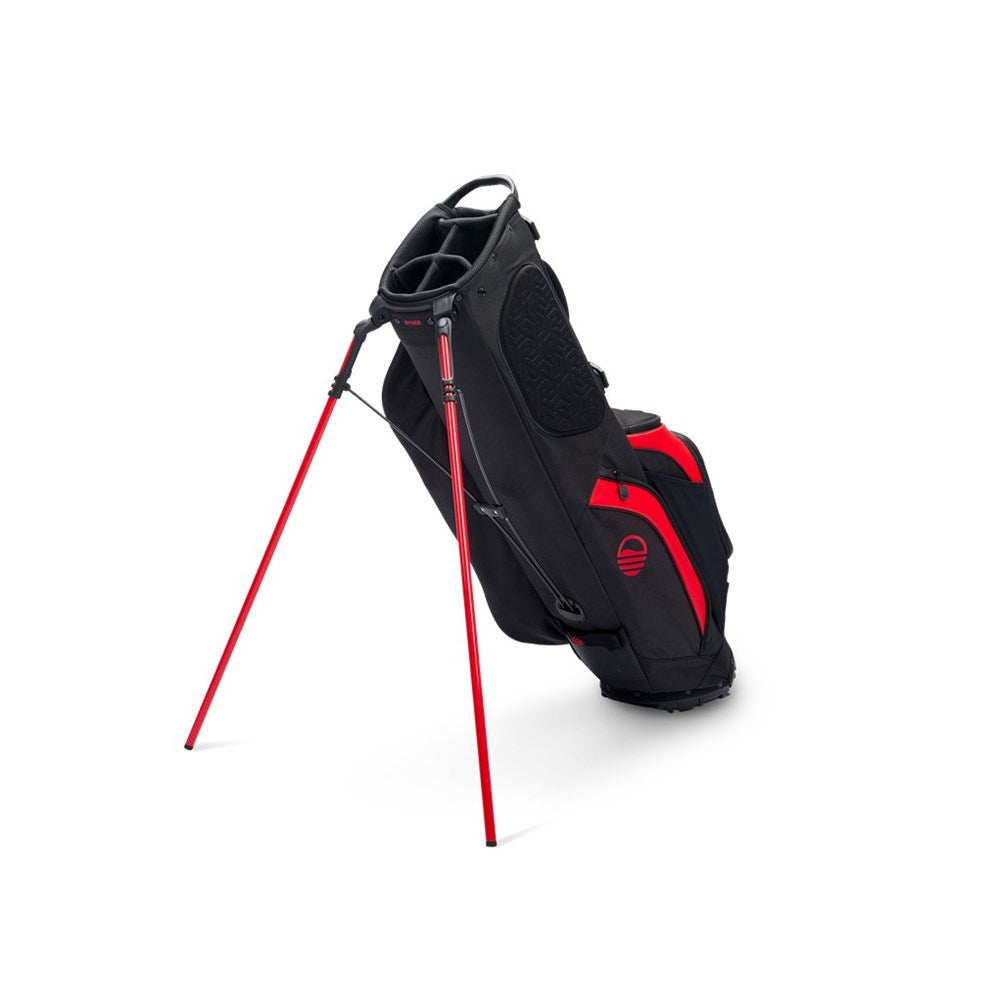 Black and red golf bag with a golf club on a white background