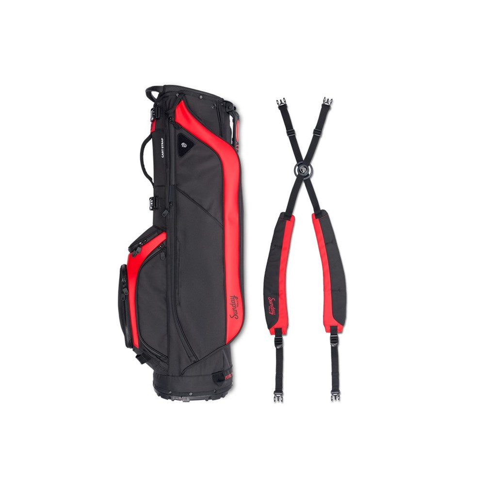 Black and red golf bag with a strap on a white background