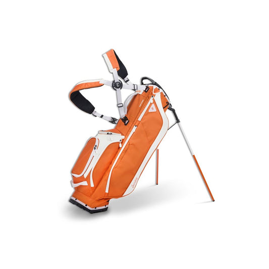 Orange and white golf bag with stand on a white background
