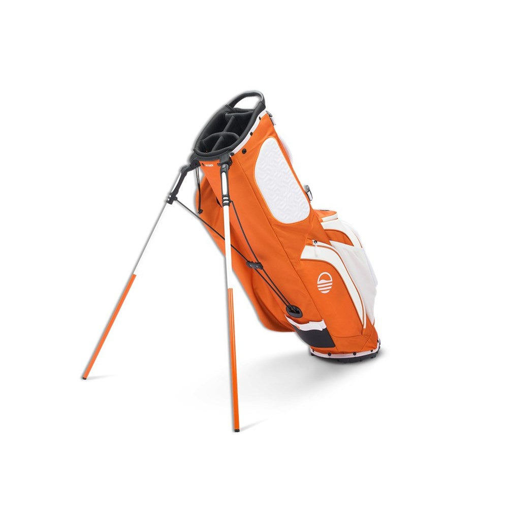 Orange and white golf bag with stand on a white background