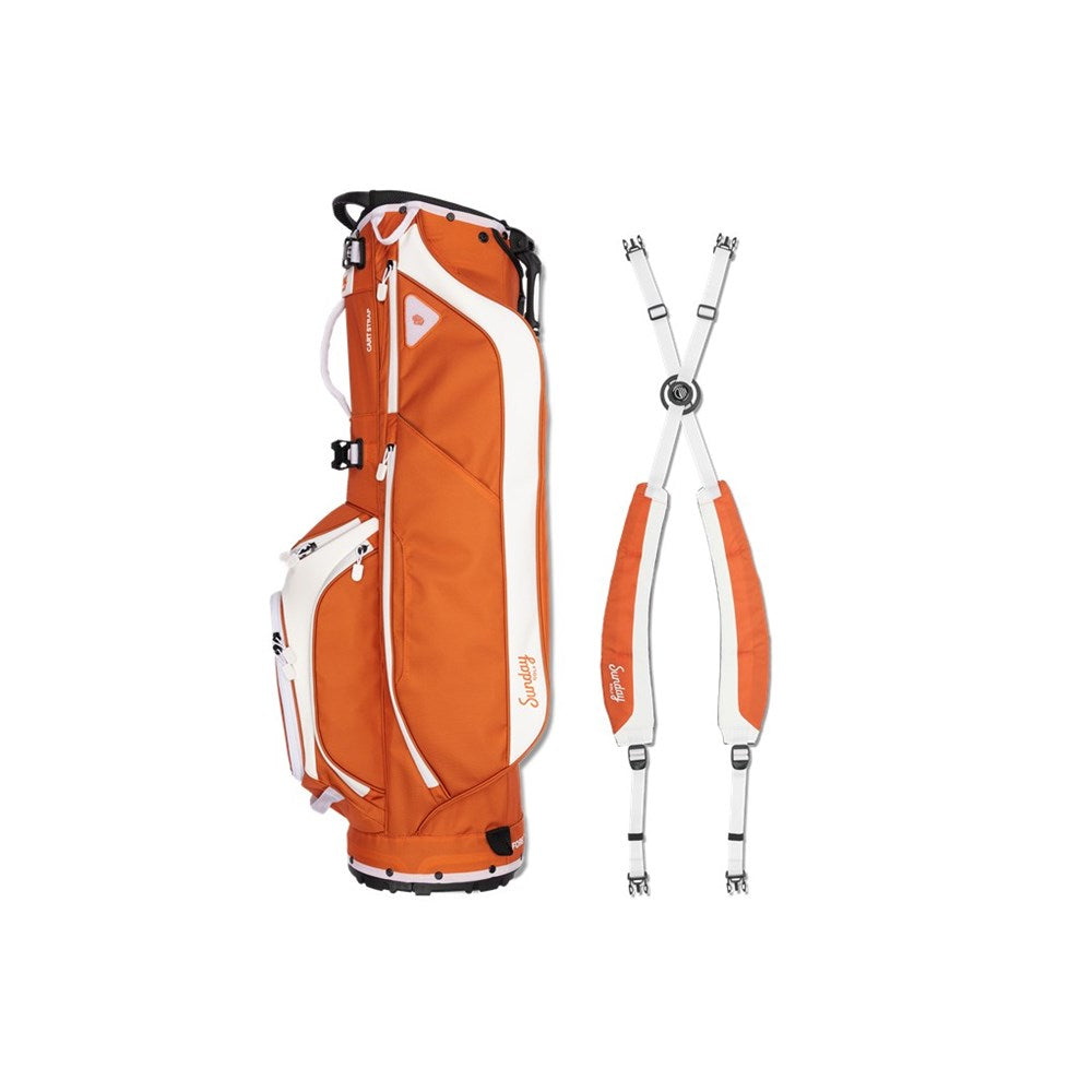 Orange golf bag with white accents and a golf club on a white background