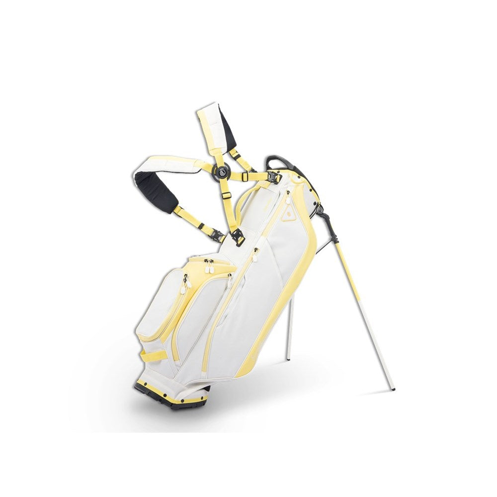White and yellow golf bag with a golf club on a white background