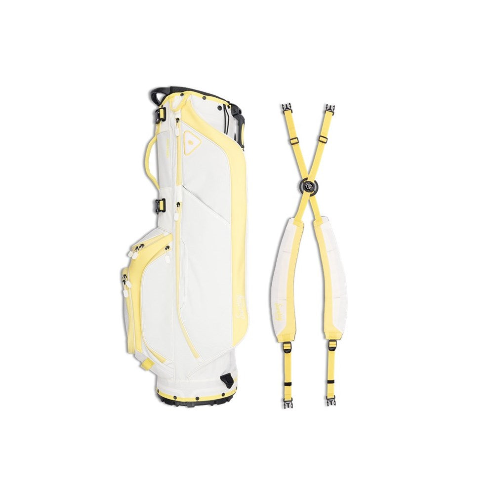 White golf bag with yellow accents on a white background