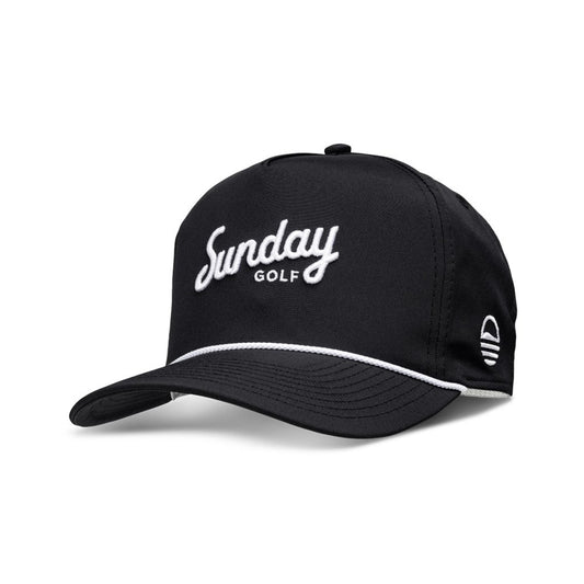 A black golf hat with 'Sunday Golf' text on the front and a small logo on the side.