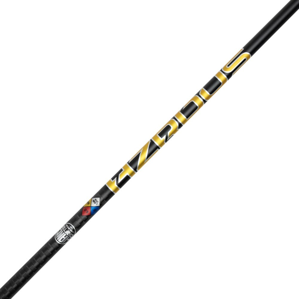 Golf club shaft with black and yellow design on a white background